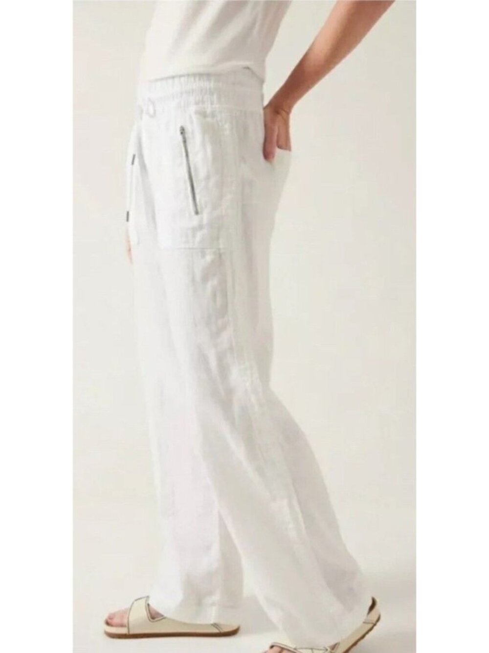 Athleta Size 4 Cargo Linen Wide-Leg Flowy Pants White Drawstring - Picture 2 of 8